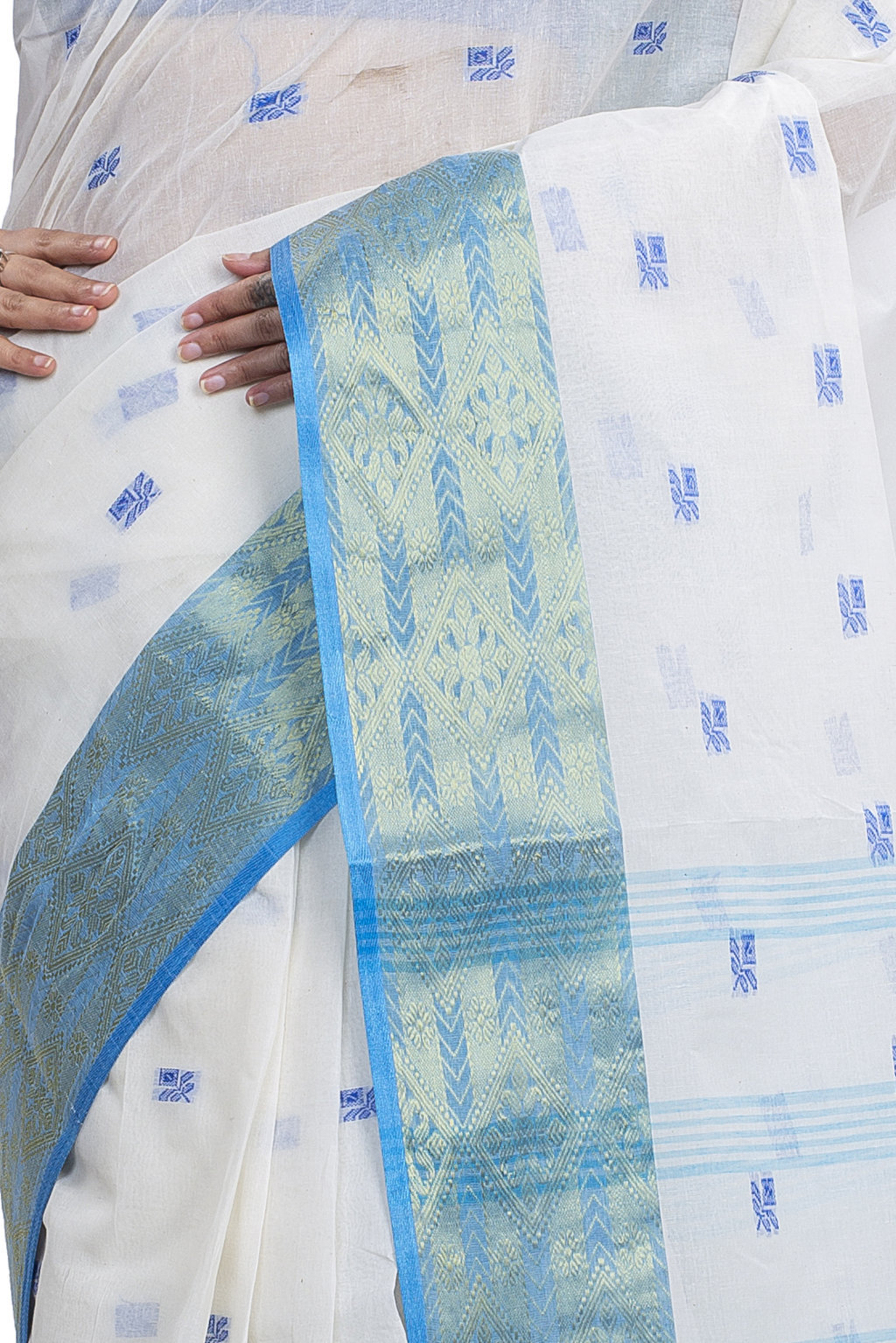 White Sky Pure Cotton SqureButi Tant Saree (795)